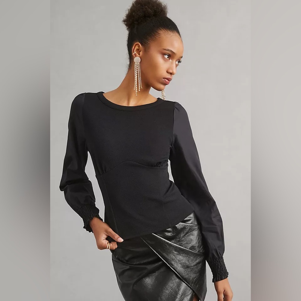 By Anthropologie Structured Long Sleeve Top Mixed Media Black